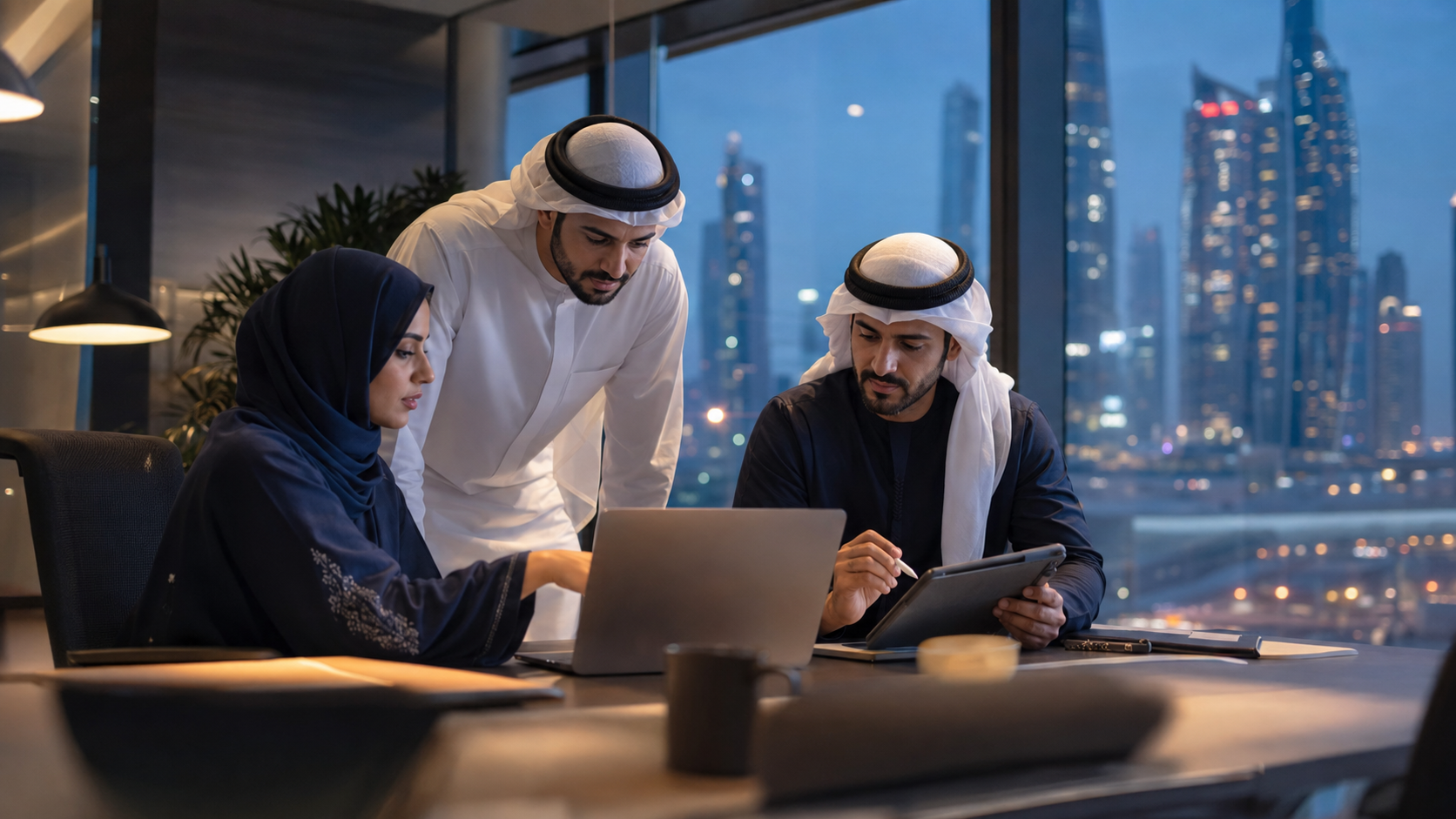 فريق أعمال عربي يتعاون في مكتب حديث في دبي